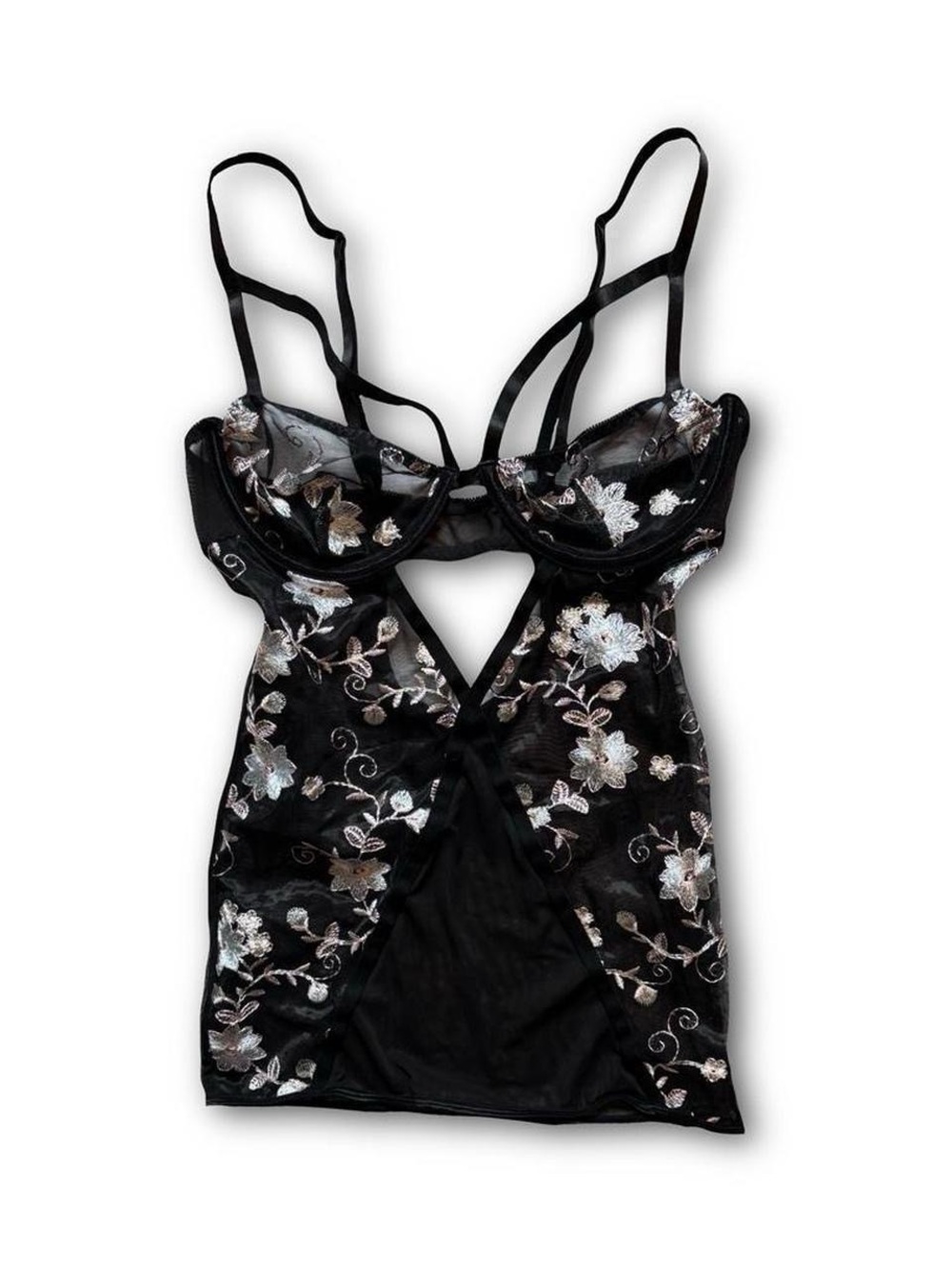 Black Floral Embroidered Sheer Chemise